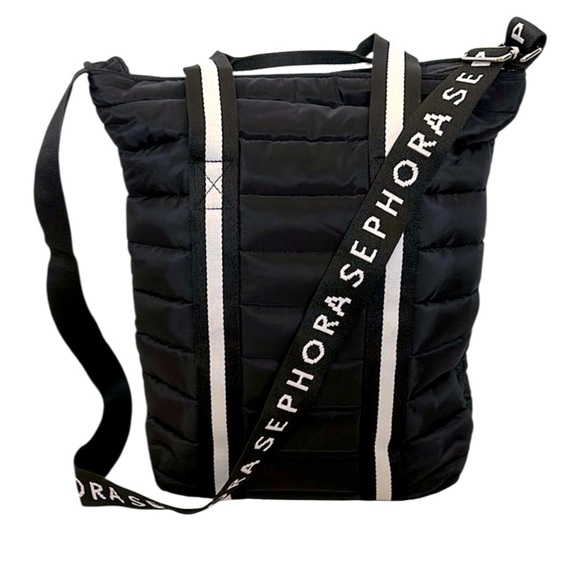 Sephora Black Quilted Puffer Bag Crossbody Boho Peasant Zip Closure - Picture 1 of 4